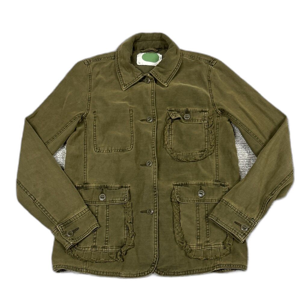 Anthropologie Jacket Womens XS Olive Green Button Front Ruffle Pockets Cotton